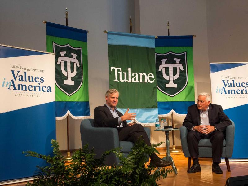 Jon Meacham, left, and Tulane professor Walter Isaacson, lead a discussion titled, "When Americ