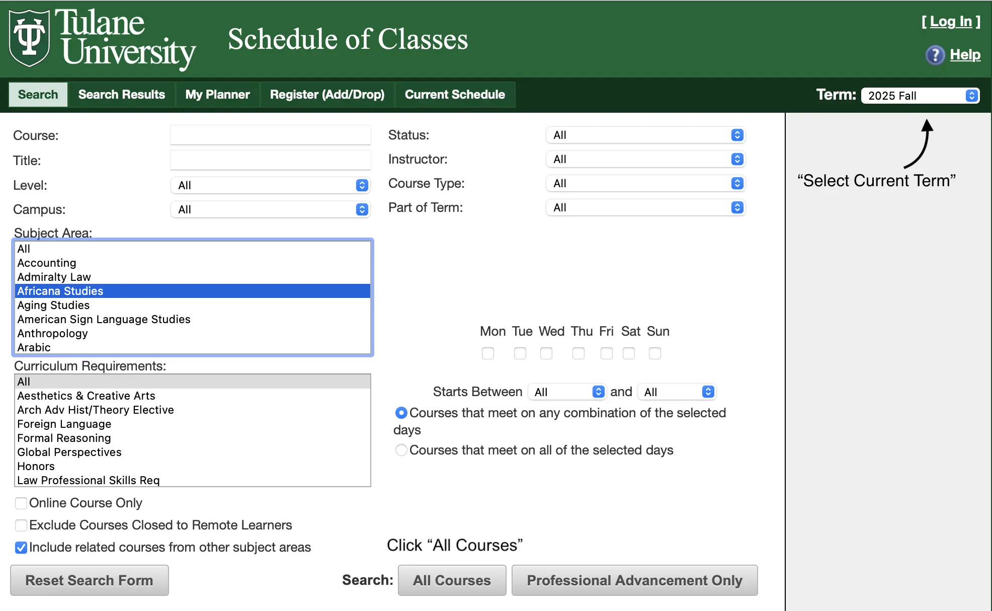 Example of a Tulane Schedule of Classes search for Africana Studies