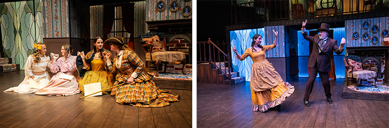Two scenes from a play: four women sit on stage; a man and woman dance in period costumes.
