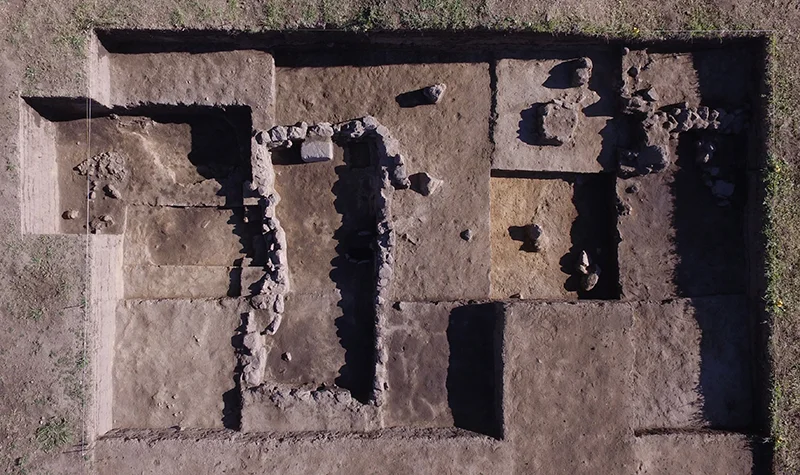 Aerial view of excavated stone foundations at Tlalancaleca, Mexico.