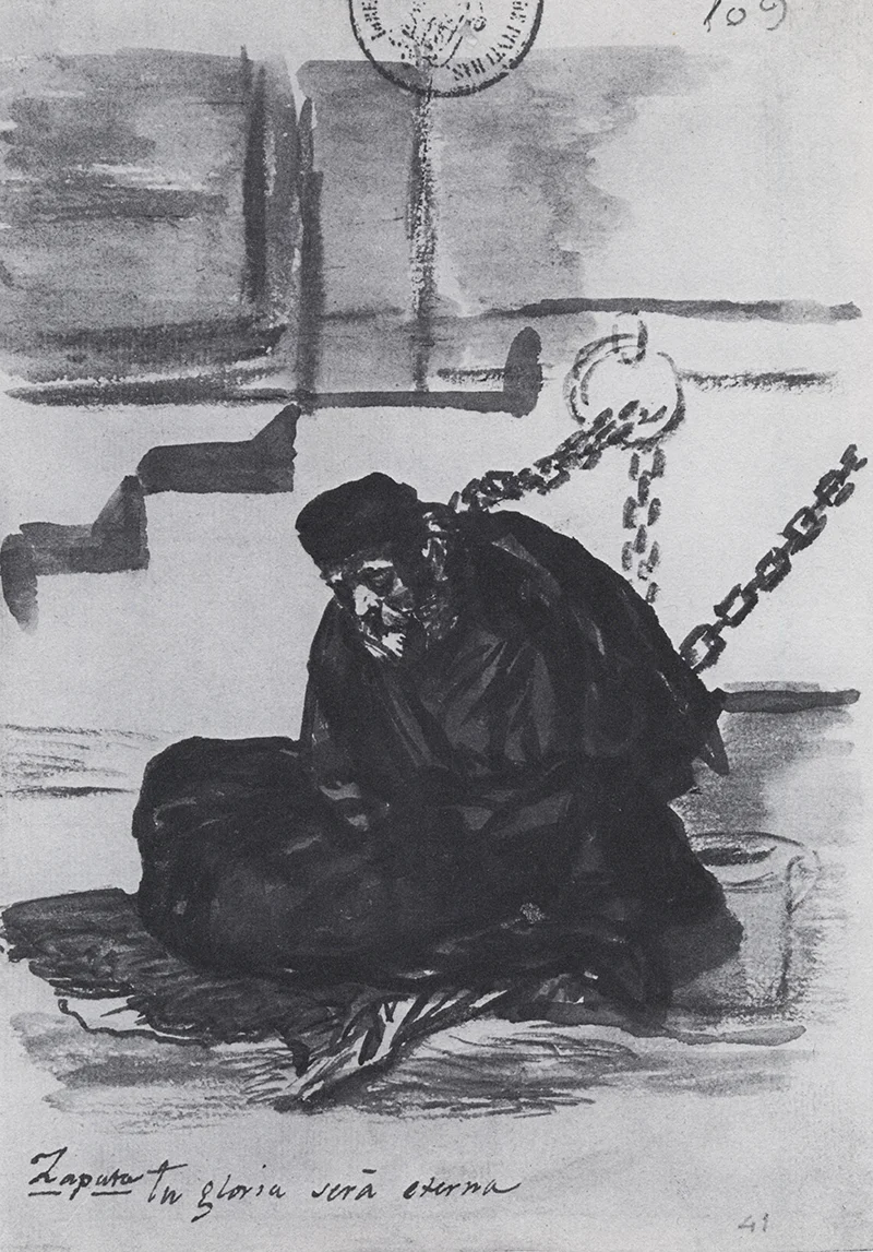 Monochrome drawing of a seated, dark-cloaked figure with chains and a lock behind him, with handwrit
