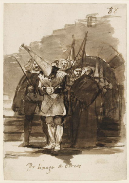 Sepia-toned drawing of a figure wearing a tall pointed hat and tunic, surrounded by dark-robed figur