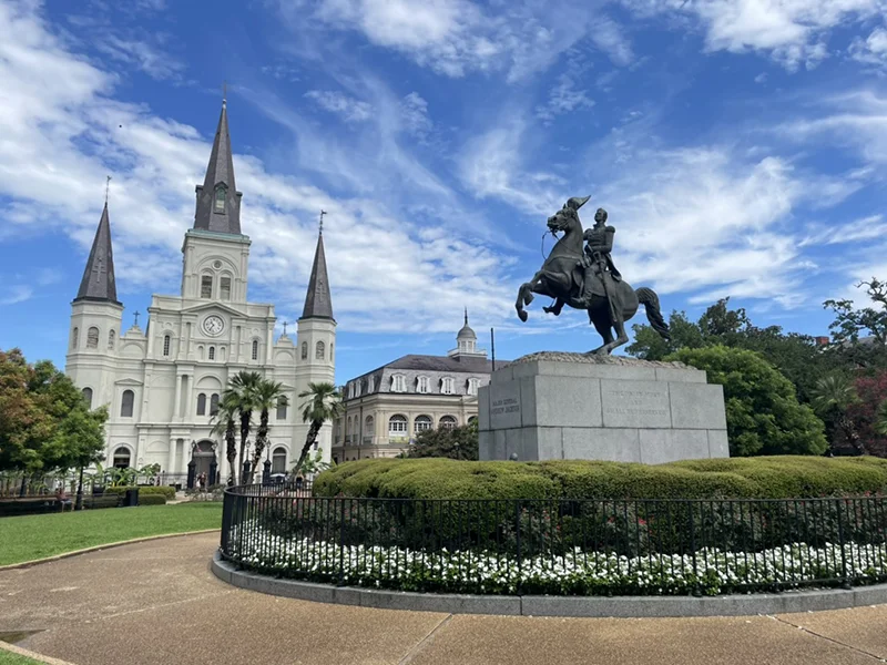 Jackson Square, New Orleans, with Andrew Jackson equestrian statue and St. Louis Cathedral.