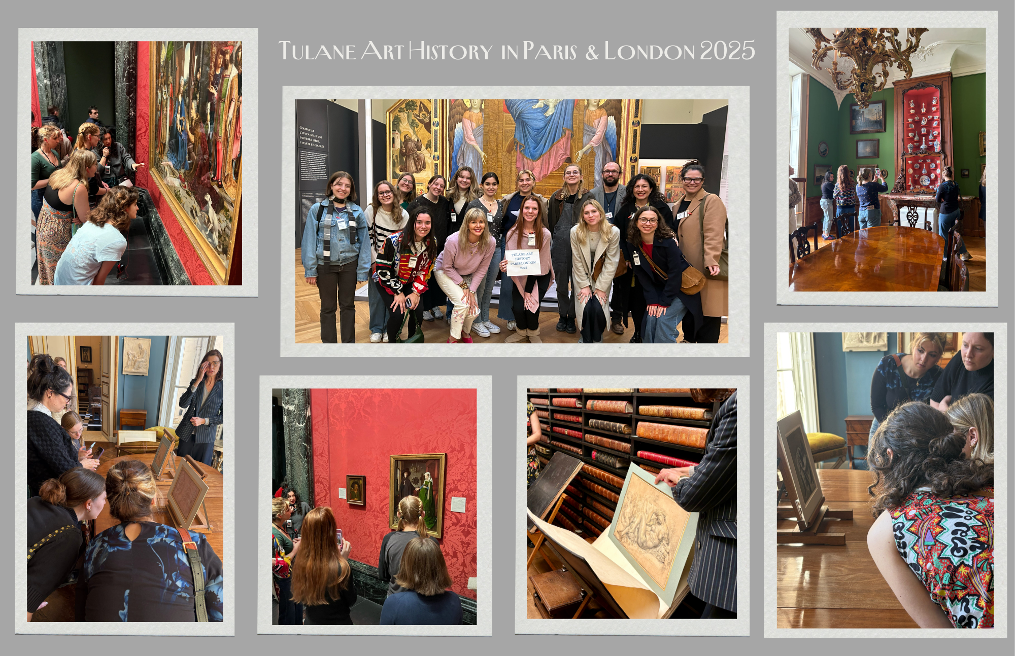 A collage of photos from an art history trip for students and faculty to Paris and London