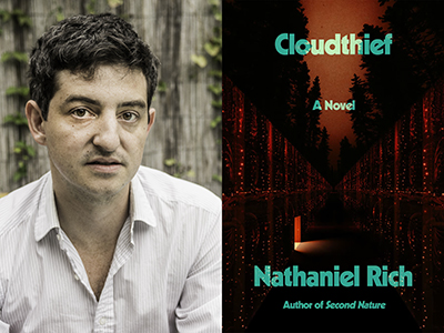 Author Nathaniel Rich, serious expression, next to his novel 'Cloudthief' cover.