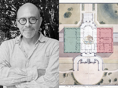 Black and white photo of a professor and author Yuri Herrera next to a colorful architectural bluepr