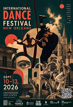 Graphic poster: International Dance Festival. Dancers, New Orleans architecture, and an eye.