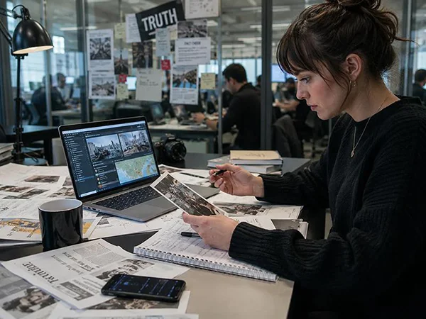 Student journalist reviewing photos, notes, and digital sources while fact-checking a story in a new