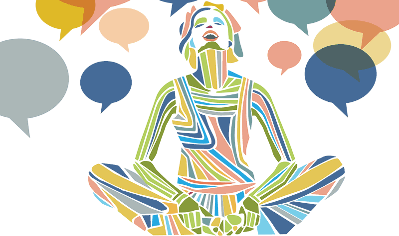 Illustration of person meditating around speach bubbles