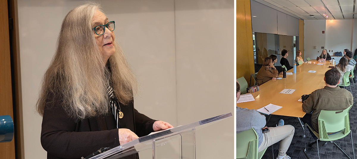 L: Marilynne Robinson delivering an essay in Lake Theater; R: Robinson with student working group.
