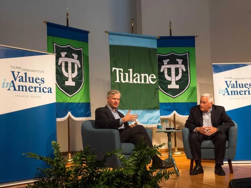 Jon Meacham, left, and Tulane professor Walter Isaacson, lead a discussion titled, "When Americ